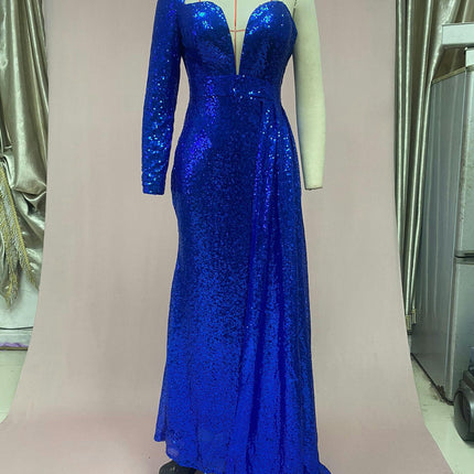 Women's One Shoulder Sequin Prom Dresses Long Sleeve Mermaid Formal Evening Gowns