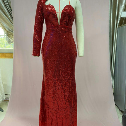 Women's One Shoulder Sequin Prom Dresses Long Sleeve Mermaid Formal Evening Gowns