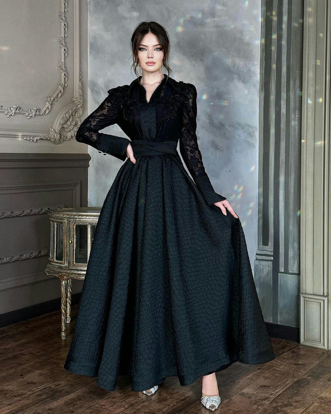 Women's Vintage Floral Lace Appliques V Neck Evening Long Sleeves Formal Long Dress