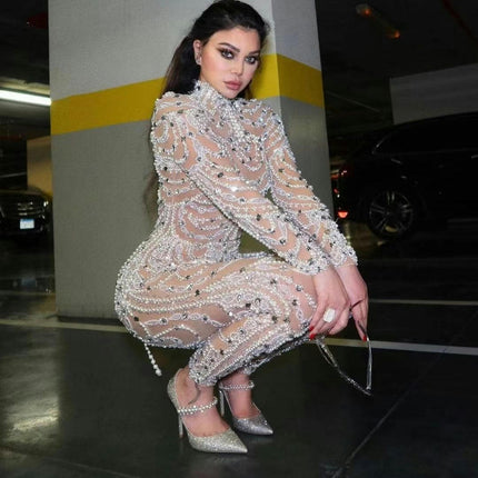 Women's Sexy Sequin Bodycon Jumpsuit Crew Neck Long Sleeve Romper Outfit Clubwear