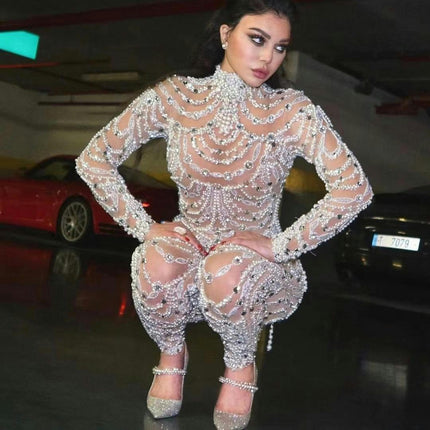 Women's Sexy Sequin Bodycon Jumpsuit Crew Neck Long Sleeve Romper Outfit Clubwear
