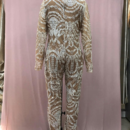 Women's Sexy Sequin Bodycon Jumpsuit Crew Neck Long Sleeve Romper Outfit Clubwear