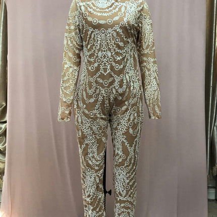Women's Sexy Sequin Bodycon Jumpsuit Crew Neck Long Sleeve Romper Outfit Clubwear