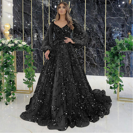 Women's Sequin Dress Formal V Neck Long Sleeve Evening Party Prom Glitter Tulle Dress