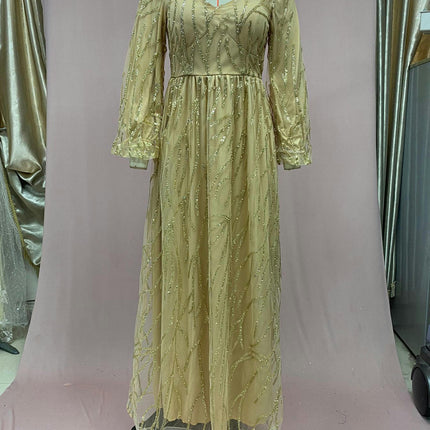 Women's Sequin Dress Formal V Neck Long Sleeve Evening Party Prom Glitter Tulle Dress