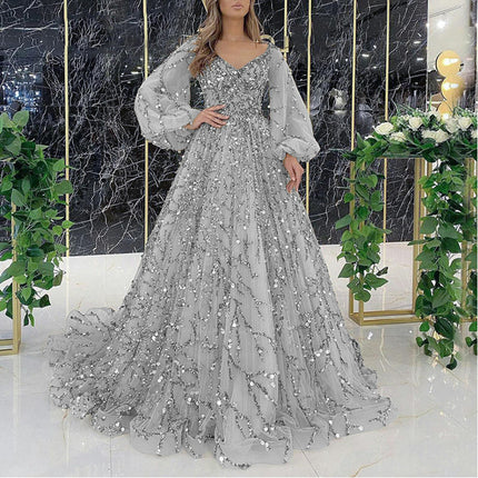 Women's Sequin Dress Formal V Neck Long Sleeve Evening Party Prom Glitter Tulle Dress