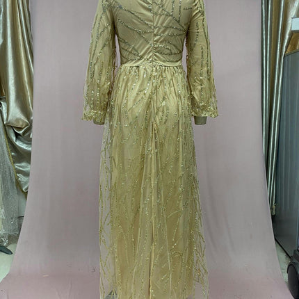 Women's Sequin Dress Formal V Neck Long Sleeve Evening Party Prom Glitter Tulle Dress