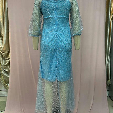 Women's Off Shoulder Sequin Tulle Long Sleeve Party Evening Prom Gown Mermaid Long Dress