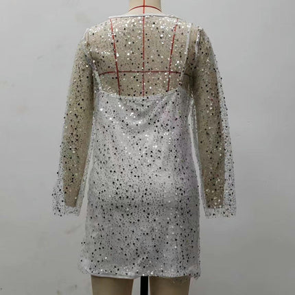 Women's Sequin Two Piece Suspender Dress See Through Mesh Wedding Party Short Dresses