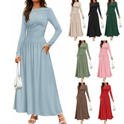 Women's Long Sleeve Maxi Dress Fall Crewneck Knit Casual Slim Swing Pleated Dresses with Pockets