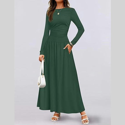 Women's Long Sleeve Maxi Dress Fall Crewneck Knit Casual Slim Swing Pleated Dresses with Pockets