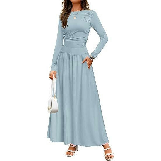 Women's Long Sleeve Maxi Dress Fall Crewneck Knit Casual Slim Swing Pleated Dresses with Pockets
