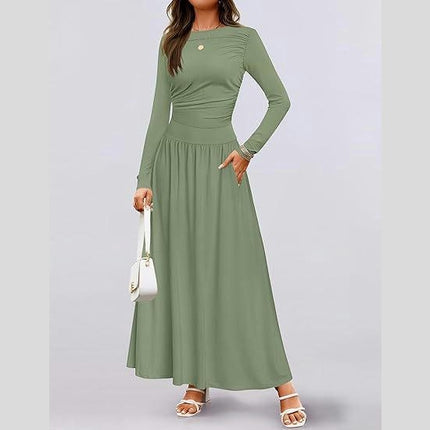 Women's Long Sleeve Maxi Dress Fall Crewneck Knit Casual Slim Swing Pleated Dresses with Pockets
