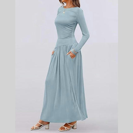 Women's Long Sleeve Maxi Dress Fall Crewneck Knit Casual Slim Swing Pleated Dresses with Pockets