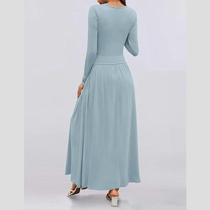 Women's Long Sleeve Maxi Dress Fall Crewneck Knit Casual Slim Swing Pleated Dresses with Pockets