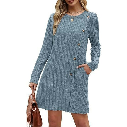 Long Sleeve Dress for Women Fashion Button Tunic Sweater Dresses with Pockets