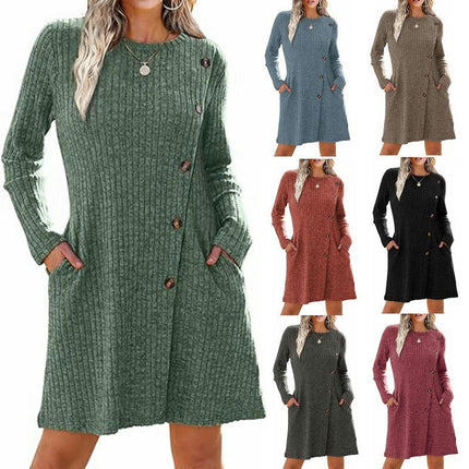 Long Sleeve Dress for Women Fashion Button Tunic Sweater Dresses with Pockets