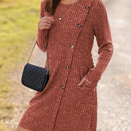 Long Sleeve Dress for Women Fashion Button Tunic Sweater Dresses with Pockets