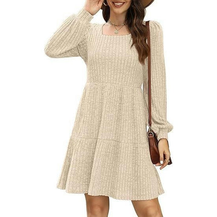 Womens Square Neck Long Sleeve Fall Dresses Casual Babydoll Sweater Dress