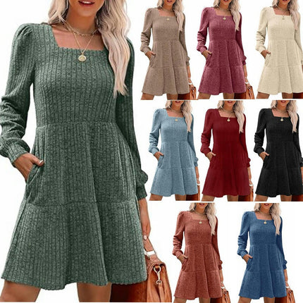 Womens Square Neck Long Sleeve Fall Dresses Casual Babydoll Sweater Dress