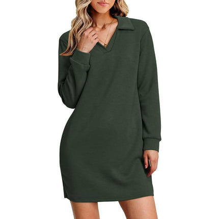 Womens Long Sleeve Lapel Collared V Neck Dress Loose Fit Solid Color Mini Dresses