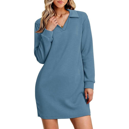 Womens Long Sleeve Lapel Collared V Neck Dress Loose Fit Solid Color Mini Dresses