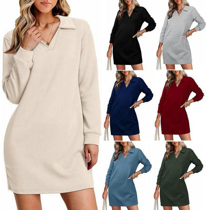 Womens Long Sleeve Lapel Collared V Neck Dress Loose Fit Solid Color Mini Dresses