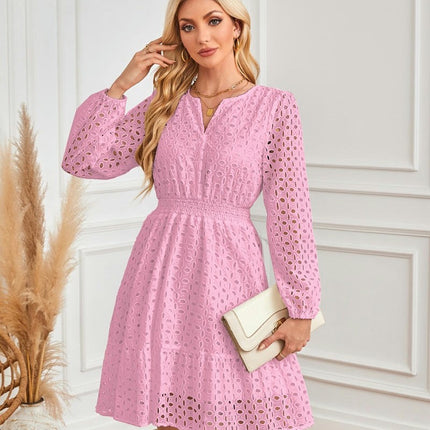 Women's Casual Long Sleeve Mini Dress Boho V Neck Hollowout A Line Flowy Dresses