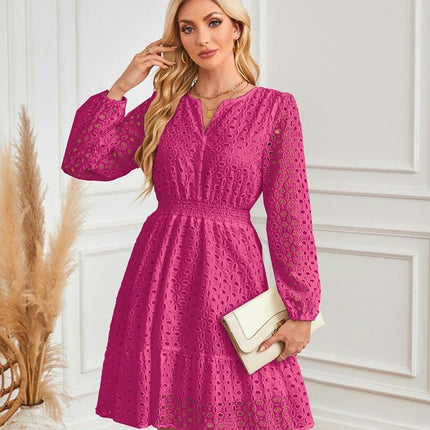 Women's Casual Long Sleeve Mini Dress Boho V Neck Hollowout A Line Flowy Dresses