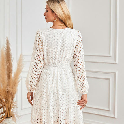 Women's Casual Long Sleeve Mini Dress Boho V Neck Hollowout A Line Flowy Dresses