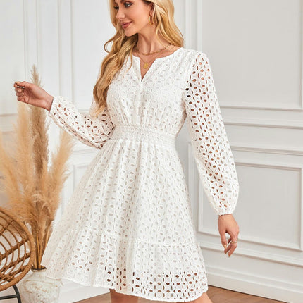 Women's Casual Long Sleeve Mini Dress Boho V Neck Hollowout A Line Flowy Dresses