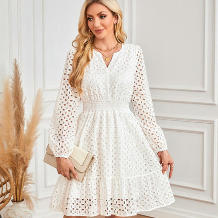 Women's Casual Long Sleeve Mini Dress Boho V Neck Hollowout A Line Flowy Dresses
