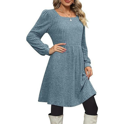 Womens Babydoll Sweater Dresses Square Neck Long Sleeve Swing Mini Dresses with Pocket