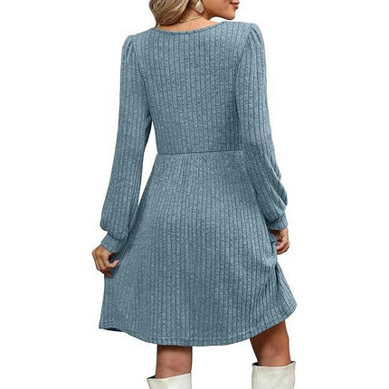 Womens Babydoll Sweater Dresses Square Neck Long Sleeve Swing Mini Dresses with Pocket