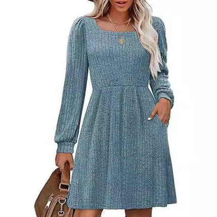 Womens Babydoll Sweater Dresses Square Neck Long Sleeve Swing Mini Dresses with Pocket