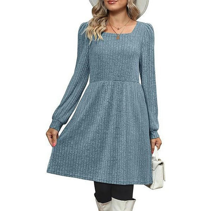 Womens Babydoll Sweater Dresses Square Neck Long Sleeve Swing Mini Dresses with Pocket