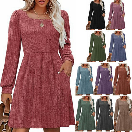 Womens Babydoll Sweater Dresses Square Neck Long Sleeve Swing Mini Dresses with Pocket