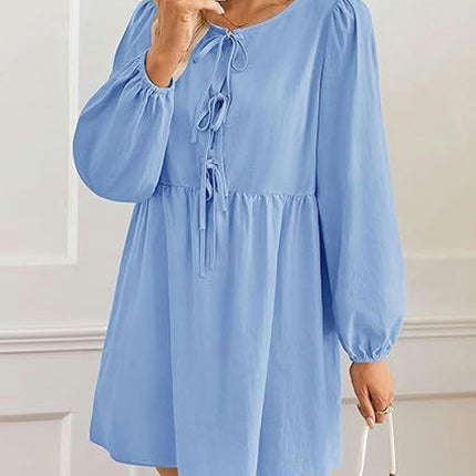 Women's Dress Long Puff Sleeve Tie Front Babydoll A Line Pleated Cute Mini Tunic Dresses