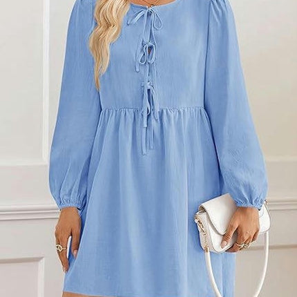 Women's Dress Long Puff Sleeve Tie Front Babydoll A Line Pleated Cute Mini Tunic Dresses