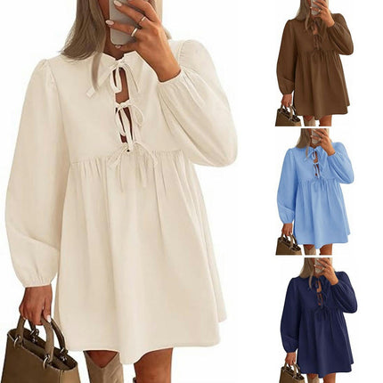 Women's Dress Long Puff Sleeve Tie Front Babydoll A Line Pleated Cute Mini Tunic Dresses