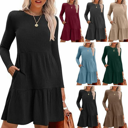Womens Winter Crewneck Long Sleeve Dresses Knee Length Knit Sweater Dress