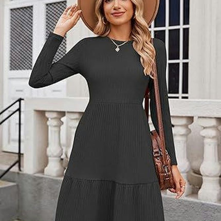 Womens Winter Crewneck Long Sleeve Dresses Knee Length Knit Sweater Dress