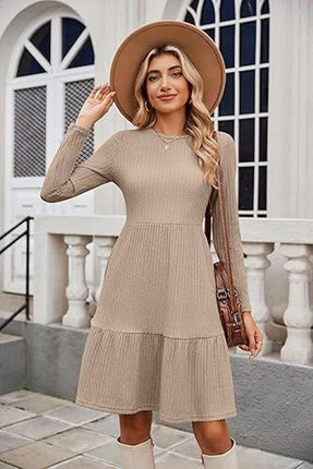 Womens Winter Crewneck Long Sleeve Dresses Knee Length Knit Sweater Dress