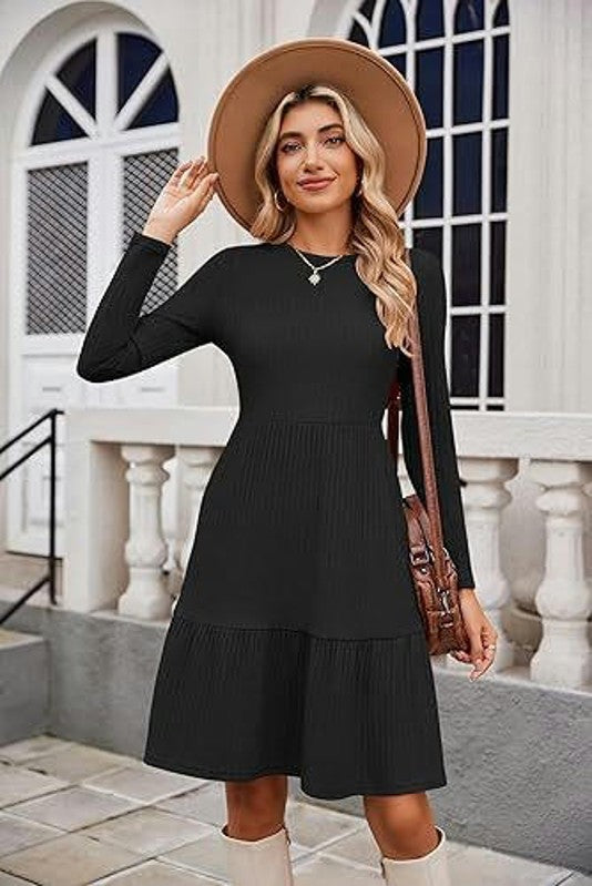 Womens Winter Crewneck Long Sleeve Dresses Knee Length Knit Sweater Dress