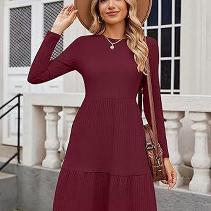 Womens Winter Crewneck Long Sleeve Dresses Knee Length Knit Sweater Dress