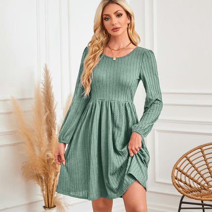 Women's Casual Knit Sweater Dress Crew Neck Long Sleeve Knee Length Babydoll Dresses