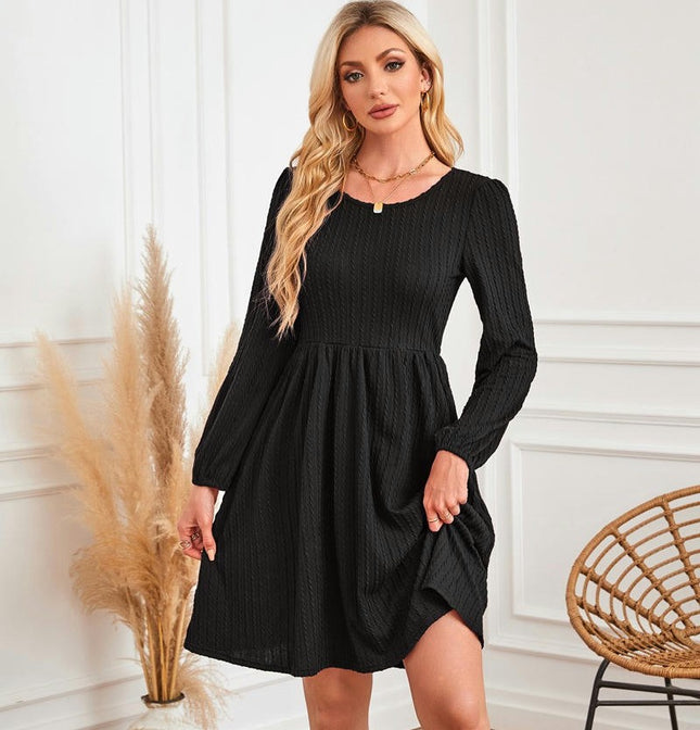 Women's Casual Knit Sweater Dress Crew Neck Long Sleeve Knee Length Babydoll Dresses