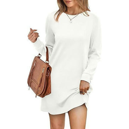 Womens Long Sleeve Dress Loose Fit Casual Crewneck Mini Dresses with Pockets