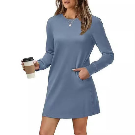 Womens Long Sleeve Dress Loose Fit Casual Crewneck Mini Dresses with Pockets
