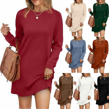 Womens Long Sleeve Dress Loose Fit Casual Crewneck Mini Dresses with Pockets